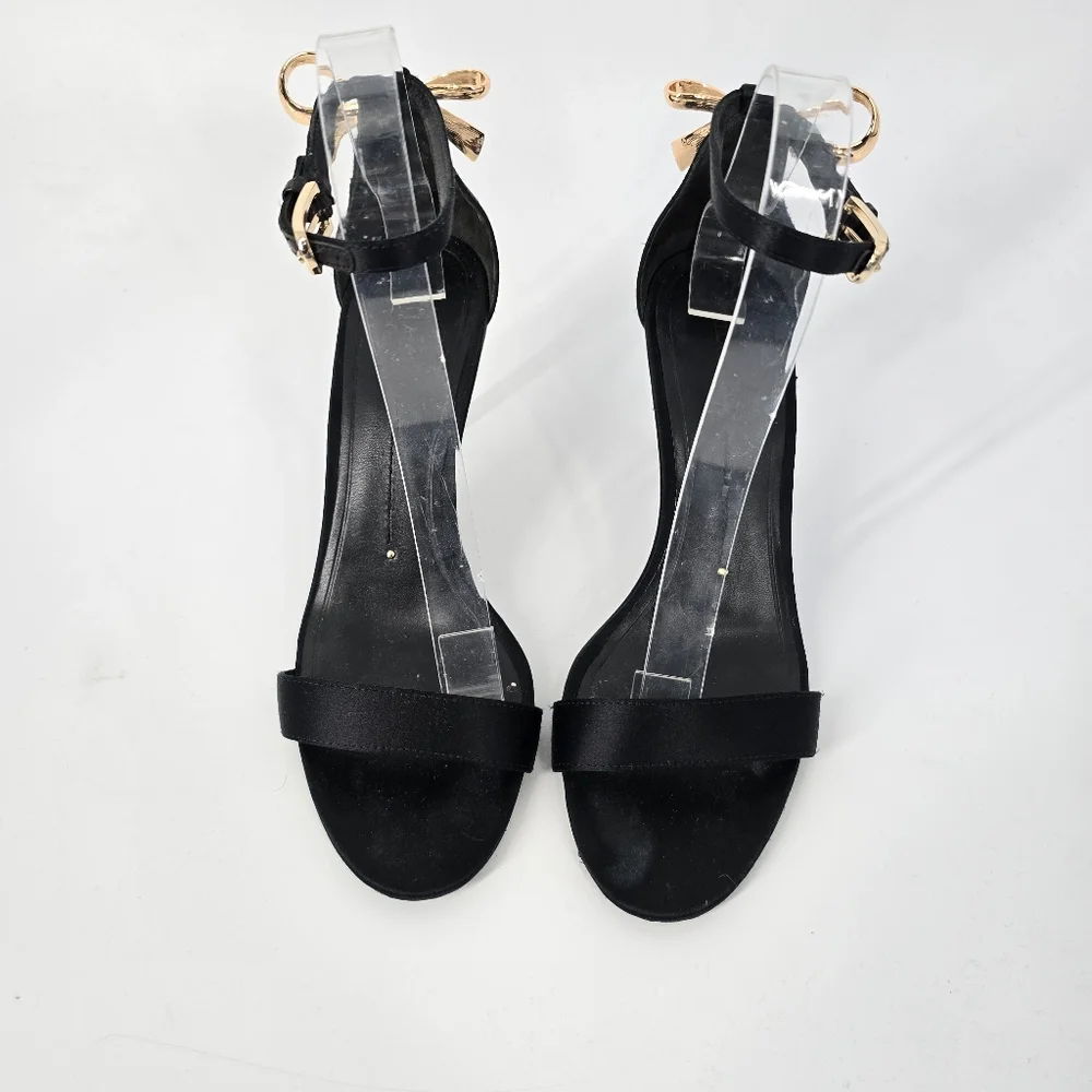 Stella Luna Black Satin Strappy Black Sandals Gold Bow Size 38